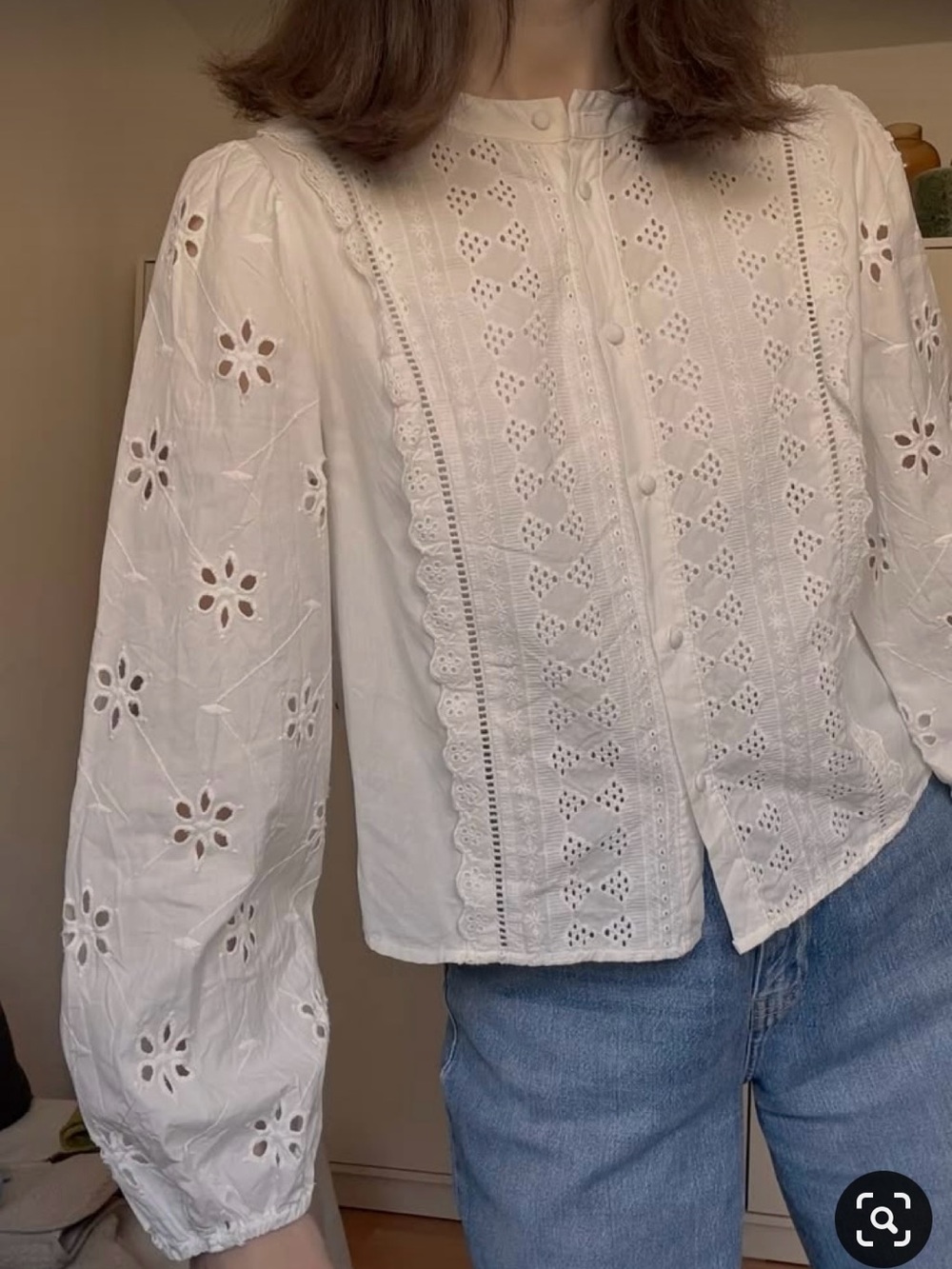 Zara White Eyelet Lace Button-Down Blouse